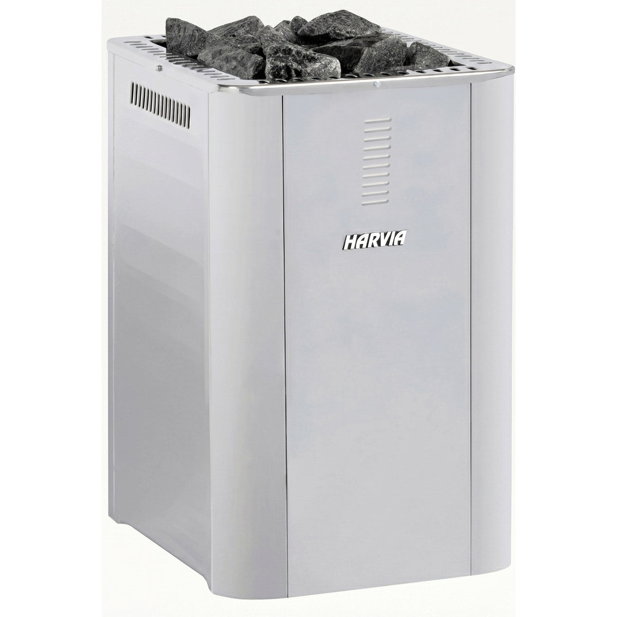 Side view of the Harvia Pro 36 Duo stainless steel body with the vented top panel, studio photo on white