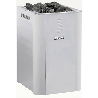Side view of the Harvia Pro 36 Duo stainless steel body with the vented top panel, studio photo on white