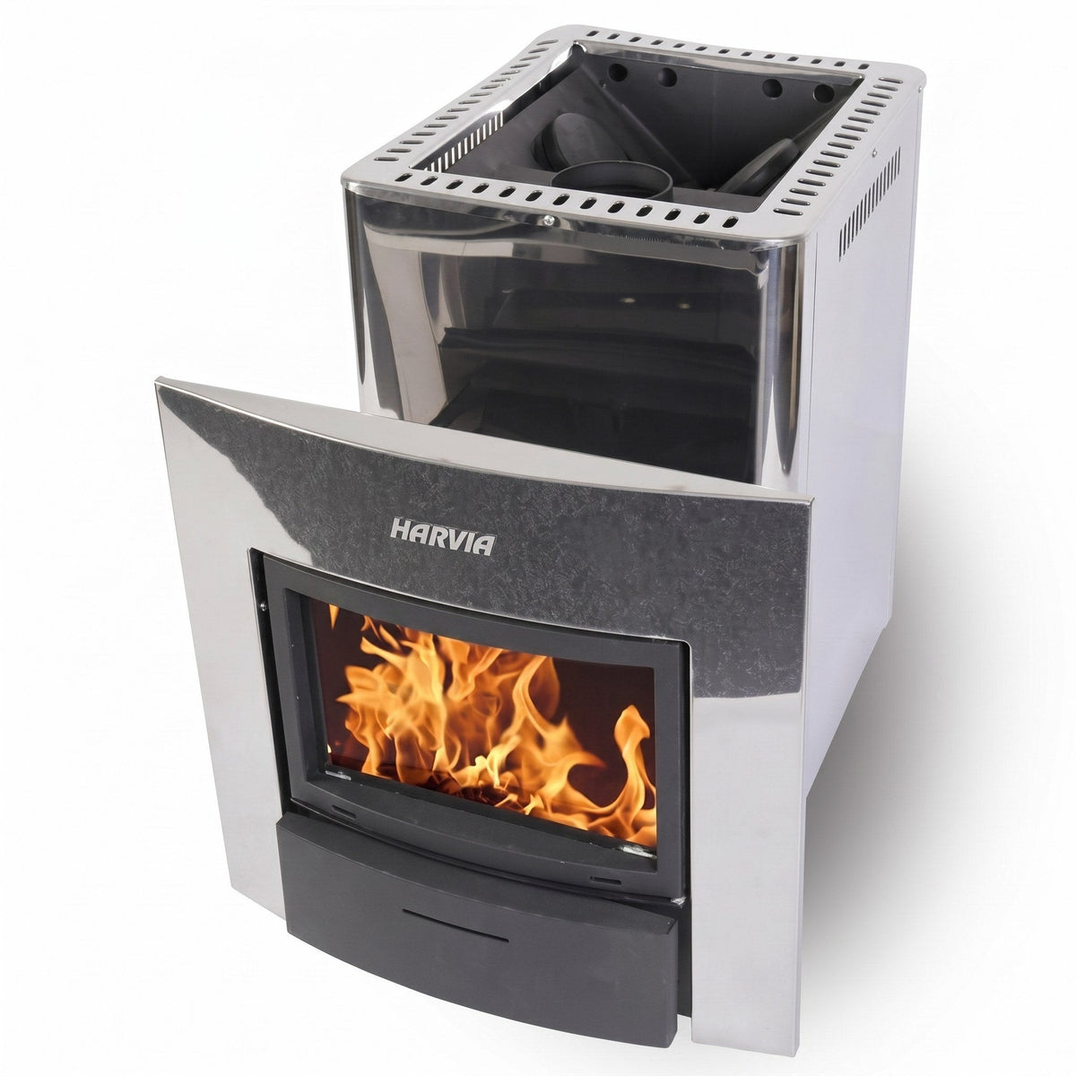 Harvia Pro 36 Duo sauna stove seen at an angle, showing the stone-textured door surround and the open stone space on top