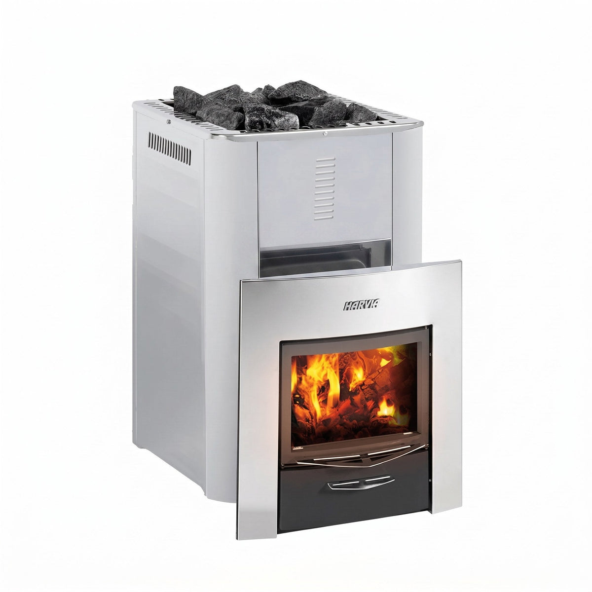 Harvia Pro 36 Duo 31kW wood-burning sauna stove in stainless steel, front view with the glass door and fire lit, studio photo on white
