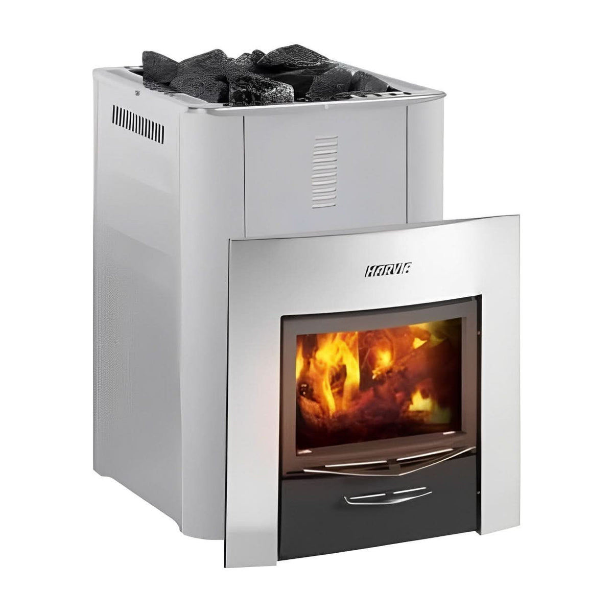 Harvia Pro 36 Duo stainless steel stove with the wide door surround and fire lit, studio photo on white
