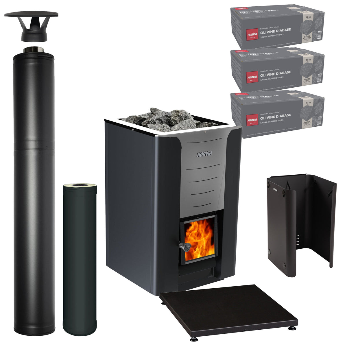 Harvia Pro 36 wood-burning sauna stove package with black steel chimney: Pro 36 stove, WHP1500M chimney kit, WHP1000M extension, WL850 sheath, WL110 floor plate and three boxes of AC3020 stones