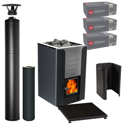 Harvia Pro 36 wood-burning sauna stove package with black steel chimney: Pro 36 stove, WHP1500M chimney kit, WHP1000M extension, WL850 sheath, WL110 floor plate and three boxes of AC3020 stones