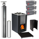 Harvia Pro 36 wood-burning sauna stove package with stainless steel chimney: Pro 36 stove, WHP1500 chimney kit, WHP1000 extension, WL850 sheath, WL110 floor plate and three boxes of AC3020 stones