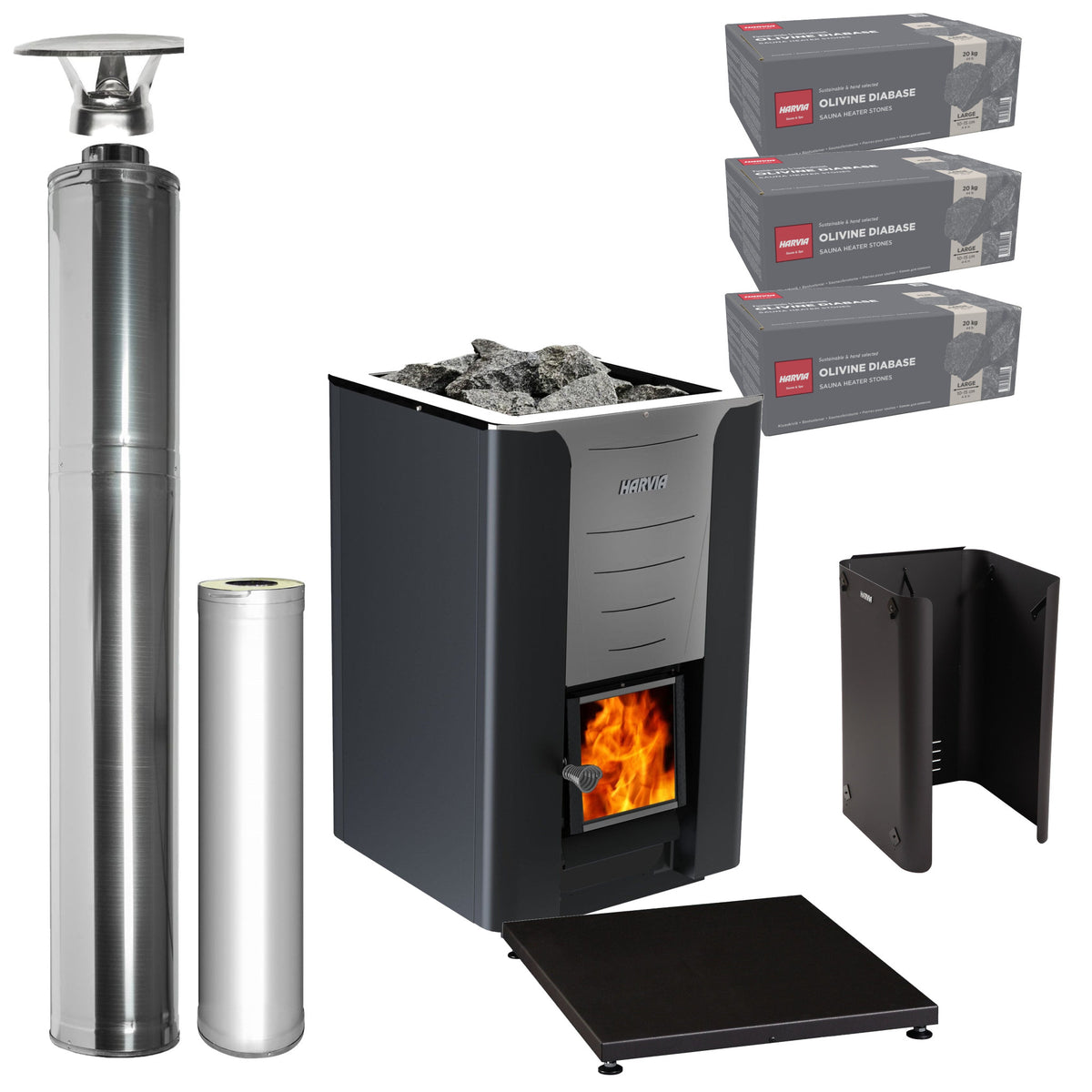 Harvia Pro 36 wood-burning sauna stove package with stainless steel chimney: Pro 36 stove, WHP1500 chimney kit, WHP1000 extension, WL850 sheath, WL110 floor plate and three boxes of AC3020 stones