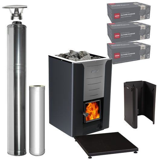 Harvia Pro 36 wood-burning sauna stove package with stainless steel chimney: Pro 36 stove, WHP1500 chimney kit, WHP1000 extension, WL850 sheath, WL110 floor plate and three boxes of AC3020 stones