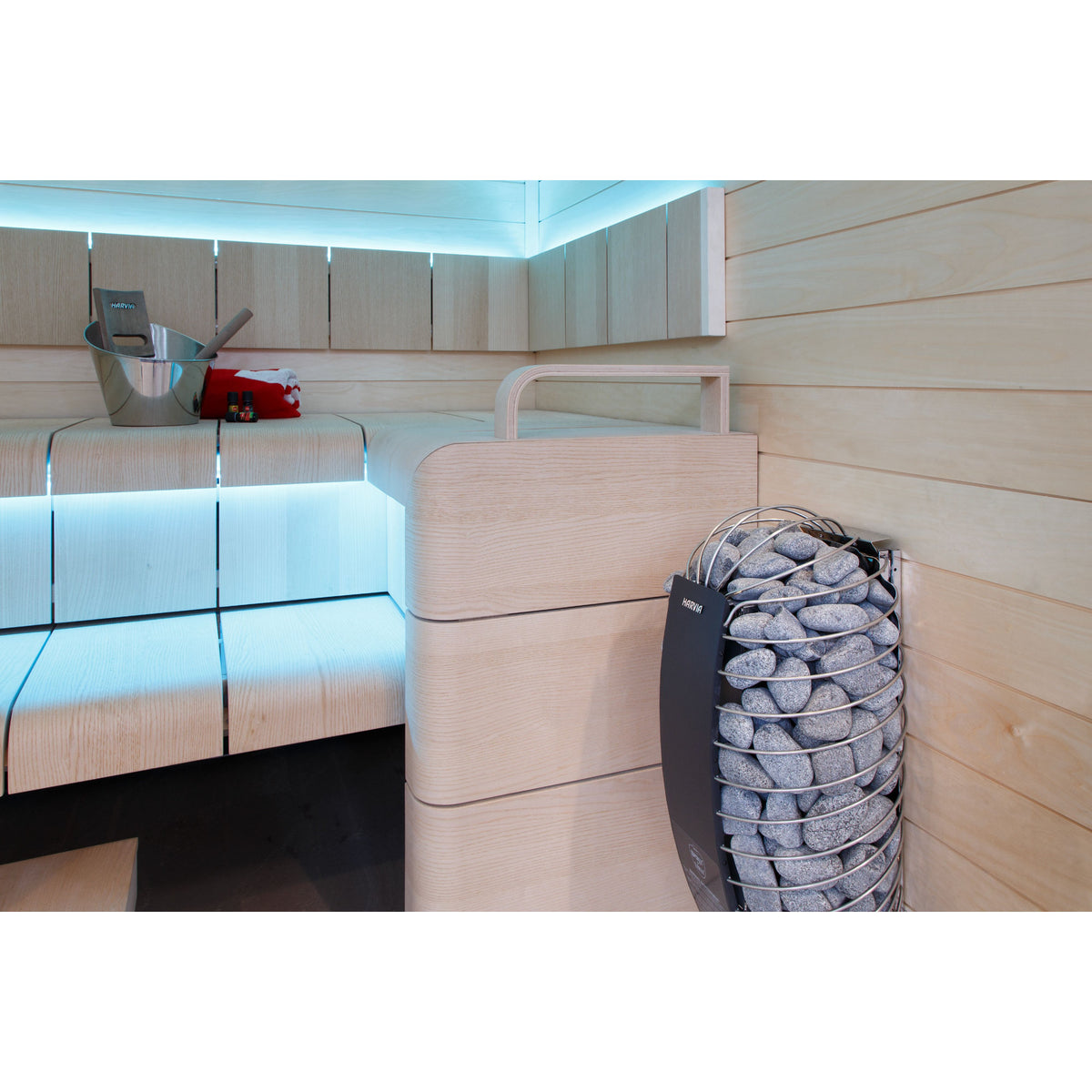 Harvia Spirit SP60E 6kW in a sauna with cyan LED bench lighting