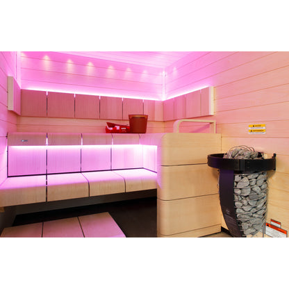 Harvia Spirit SP60E 6kW in a sauna with pink LED bench lighting