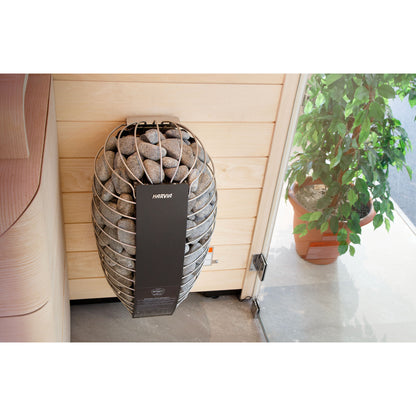 Harvia Spirit SP60E 6kW mounted on a sauna wall beside a window and a potted plant
