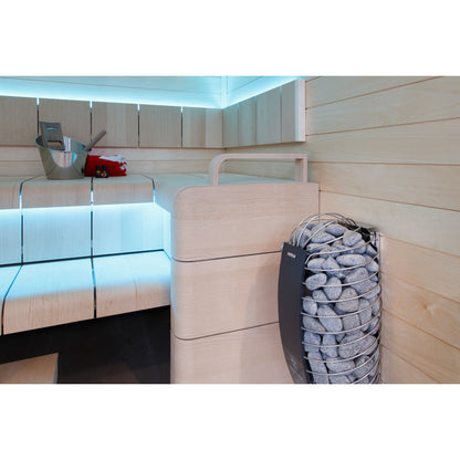 Harvia Spirit SP80E 8kW in a sauna with cyan LED bench lighting