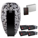 Harvia Spirit SP80E sauna heater package: the SP80E heater, Xenio CX45 control panel and power unit, and four boxes of R-991 rounded stones