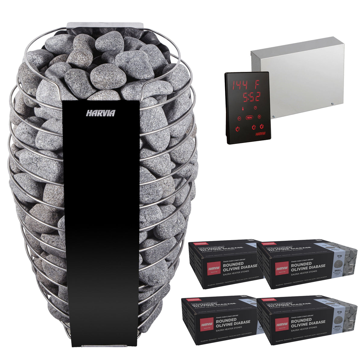 Harvia Spirit SP80E sauna heater package: the SP80E heater, Xenio CX45 control panel and power unit, and four boxes of R-991 rounded stones