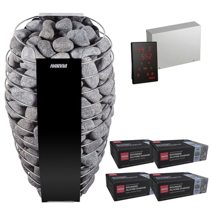 Harvia Spirit SP80E sauna heater package: the SP80E heater, Xenio CX45 control panel and power unit, and four boxes of R-991 rounded stones