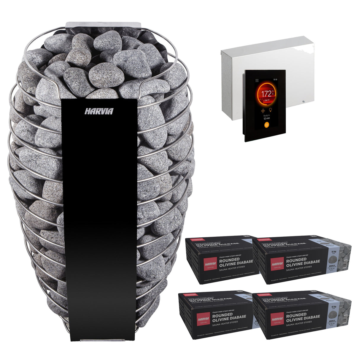 Harvia Spirit SP80E sauna heater package with Fenix FX45 control: the SP80E heater, Fenix FX45 control panel and power unit, and four boxes of R-991 rounded stones