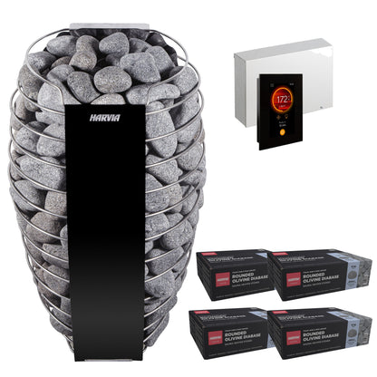 Harvia Spirit SP80E sauna heater package with Fenix FX45 control: the SP80E heater, Fenix FX45 control panel and power unit, and four boxes of R-991 rounded stones
