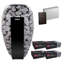 Harvia Spirit SP90E sauna heater package: the SP90E heater, Xenio CX45 control panel and power unit, and four boxes of R-991 rounded stones