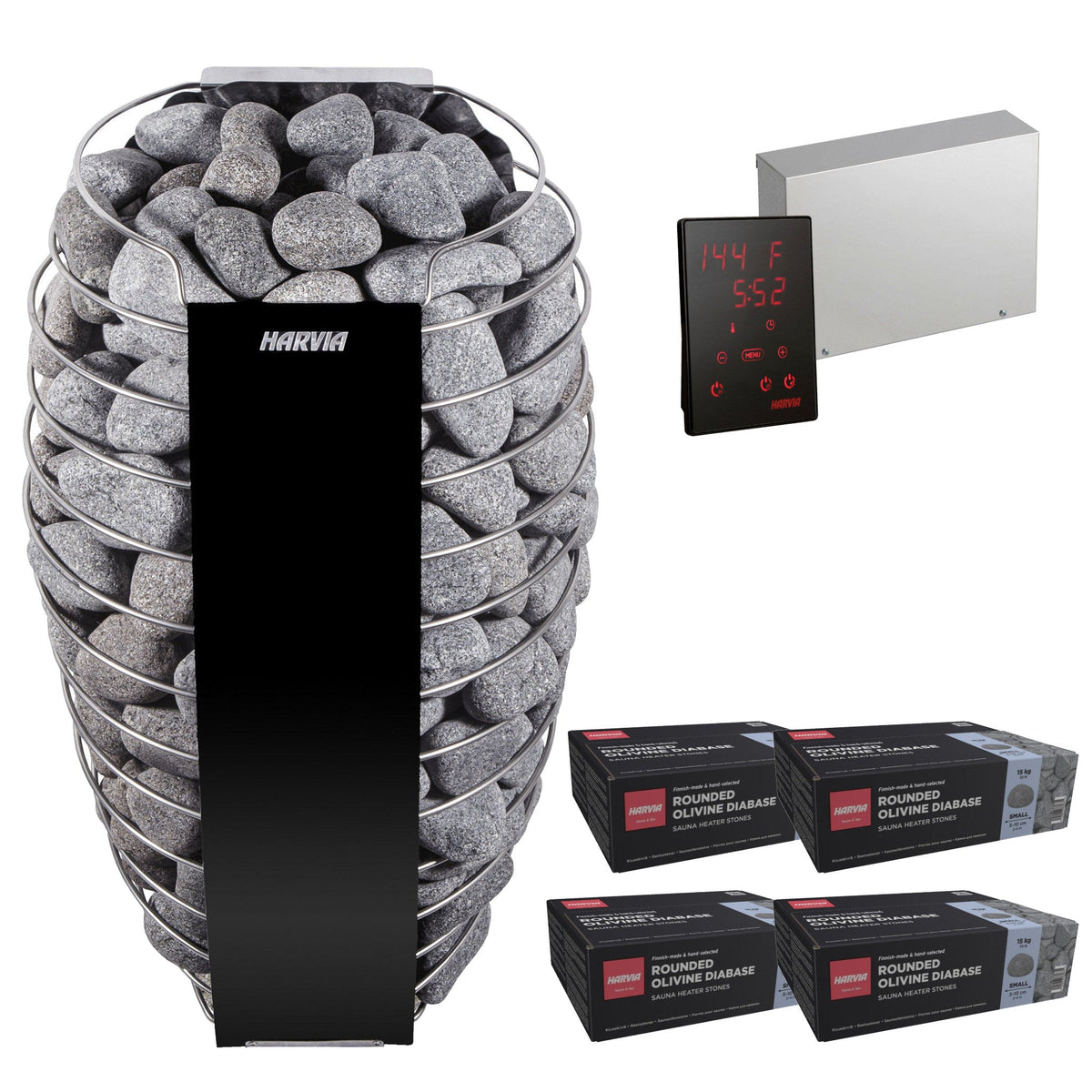 Harvia Spirit SP90E sauna heater package: the SP90E heater, Xenio CX45 control panel and power unit, and four boxes of R-991 rounded stones