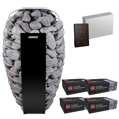 Harvia Spirit SP90E sauna heater package: the SP90E heater, Xenio CX45 control panel and power unit, and four boxes of R-991 rounded stones