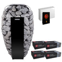 Harvia Spirit SP90E sauna heater package with Fenix FX45 control: the SP90E heater, Fenix FX45 control panel and power unit, and four boxes of R-991 rounded stones