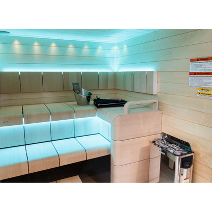 Harvia The Wall SW80 8kW in a sauna with cyan LED bench lighting