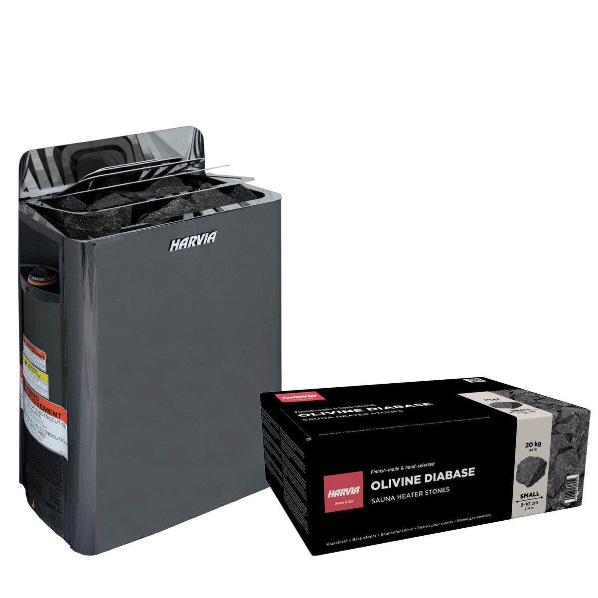 Harvia The Wall SW80 sauna heater package in BlackSteel: the SW80 heater with built-in controls and a 44 lb box of AC3000 stones