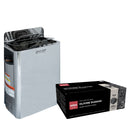 Harvia The Wall SW80 sauna heater package in stainless steel: the SW80 heater with built-in controls and a 44 lb box of AC3000 stones