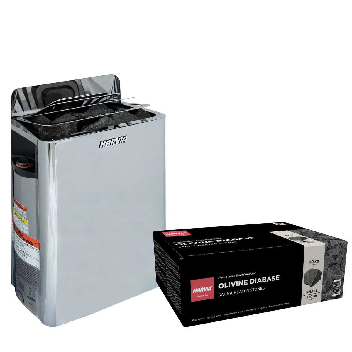 Harvia The Wall SW80 sauna heater package in stainless steel: the SW80 heater with built-in controls and a 44 lb box of AC3000 stones