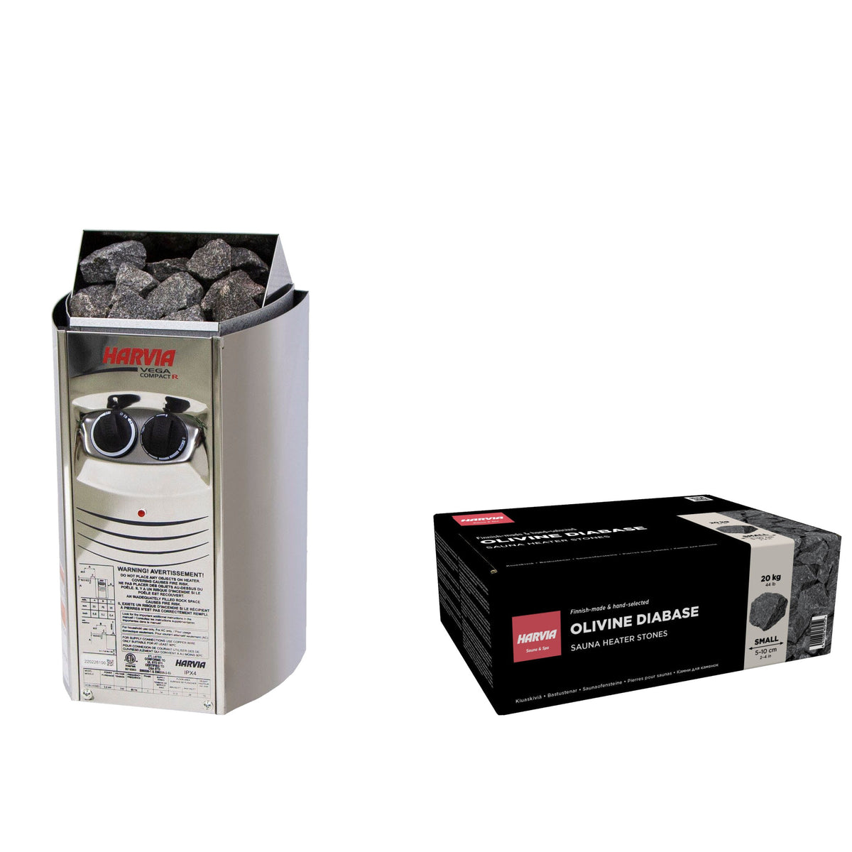 Harvia Vega Compact 1900 sauna heater package: the 1.9kW heater with built-in controls and a 44 lb box of AC3000 stones