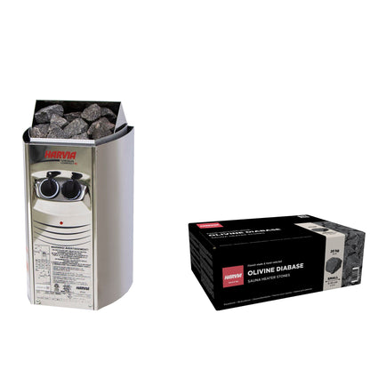 Harvia Vega Compact 3500 sauna heater package: the 3.5kW heater with built-in controls and a 44 lb box of AC3000 stones