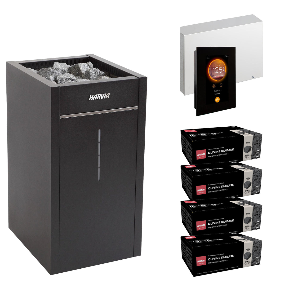 Harvia Virta Combi HL110SA sauna heater package with Fenix FX30C control: the HL110SA heater, Fenix FX30C control panel and power unit, and four boxes of AC3000 stones