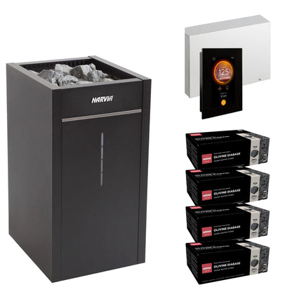 Harvia Virta Combi HL110SA sauna heater package with Fenix FX30C control: the HL110SA heater, Fenix FX30C control panel and power unit, and four boxes of AC3000 stones