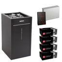 Harvia Virta Combi HL110SA sauna heater package with Xenio CX30C control: the HL110SA heater, Xenio CX30C control panel and power unit, and four boxes of AC3000 stones