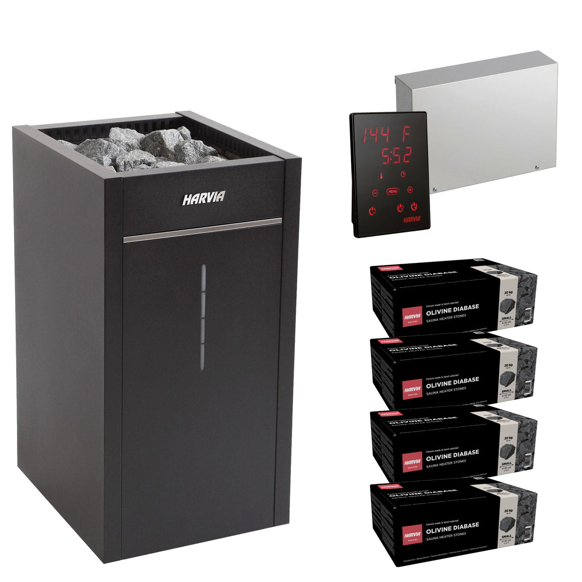 Harvia Virta Combi HL110SA sauna heater package with Xenio CX30C control: the HL110SA heater, Xenio CX30C control panel and power unit, and four boxes of AC3000 stones
