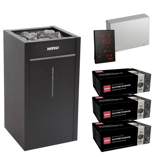 Harvia Virta Combi HL80SA sauna heater package with Xenio CX30C control: the HL80SA heater, Xenio CX30C control panel and power unit, and three boxes of AC3000 stones
