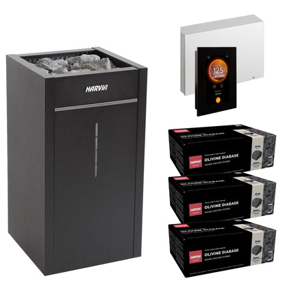 Harvia Virta Combi HL90SA sauna heater package with Fenix FX30C control: the HL90SA heater, Fenix FX30C control panel and power unit, and three boxes of AC3000 stones