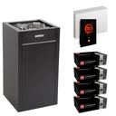 Harvia Virta HL110E sauna heater package with Fenix FX45 control: the HL110E heater, Fenix FX45 control panel and power unit, and four boxes of AC3000 stones