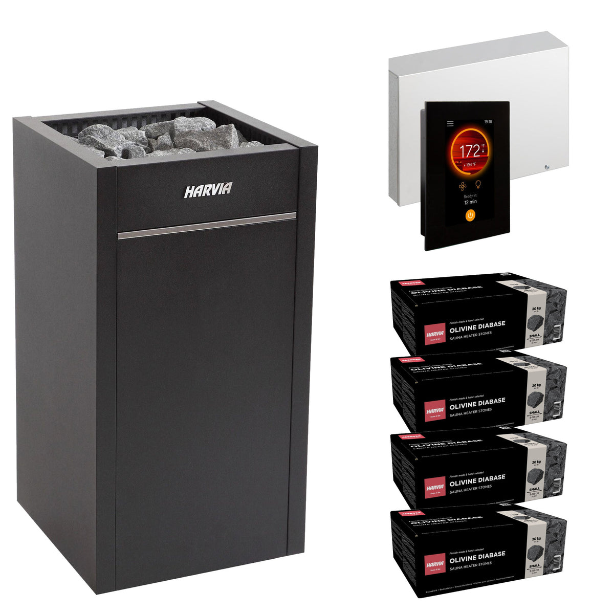 Harvia Virta HL110E sauna heater package with Fenix FX45 control: the HL110E heater, Fenix FX45 control panel and power unit, and four boxes of AC3000 stones