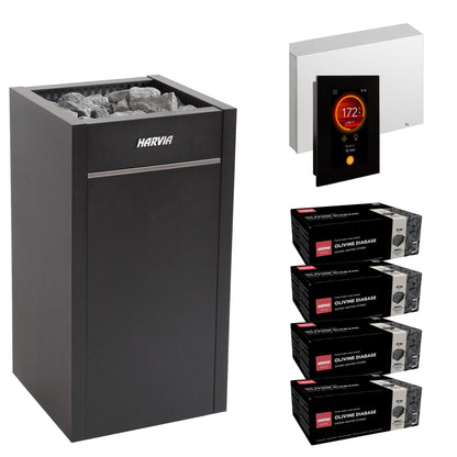 Harvia Virta HL110E sauna heater package with Fenix FX45 control: the HL110E heater, Fenix FX45 control panel and power unit, and four boxes of AC3000 stones
