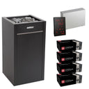 Harvia Virta HL110E sauna heater package with Xenio CX45 control: the HL110E heater, Xenio CX45 control panel and power unit, and four boxes of AC3000 stones