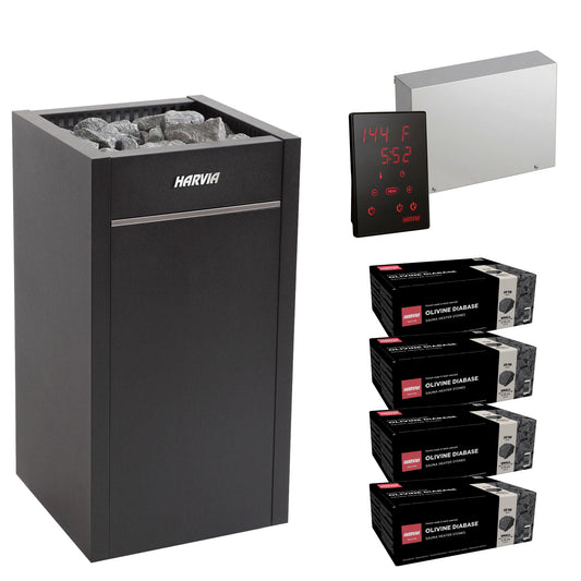 Harvia Virta HL110E sauna heater package with Xenio CX45 control: the HL110E heater, Xenio CX45 control panel and power unit, and four boxes of AC3000 stones