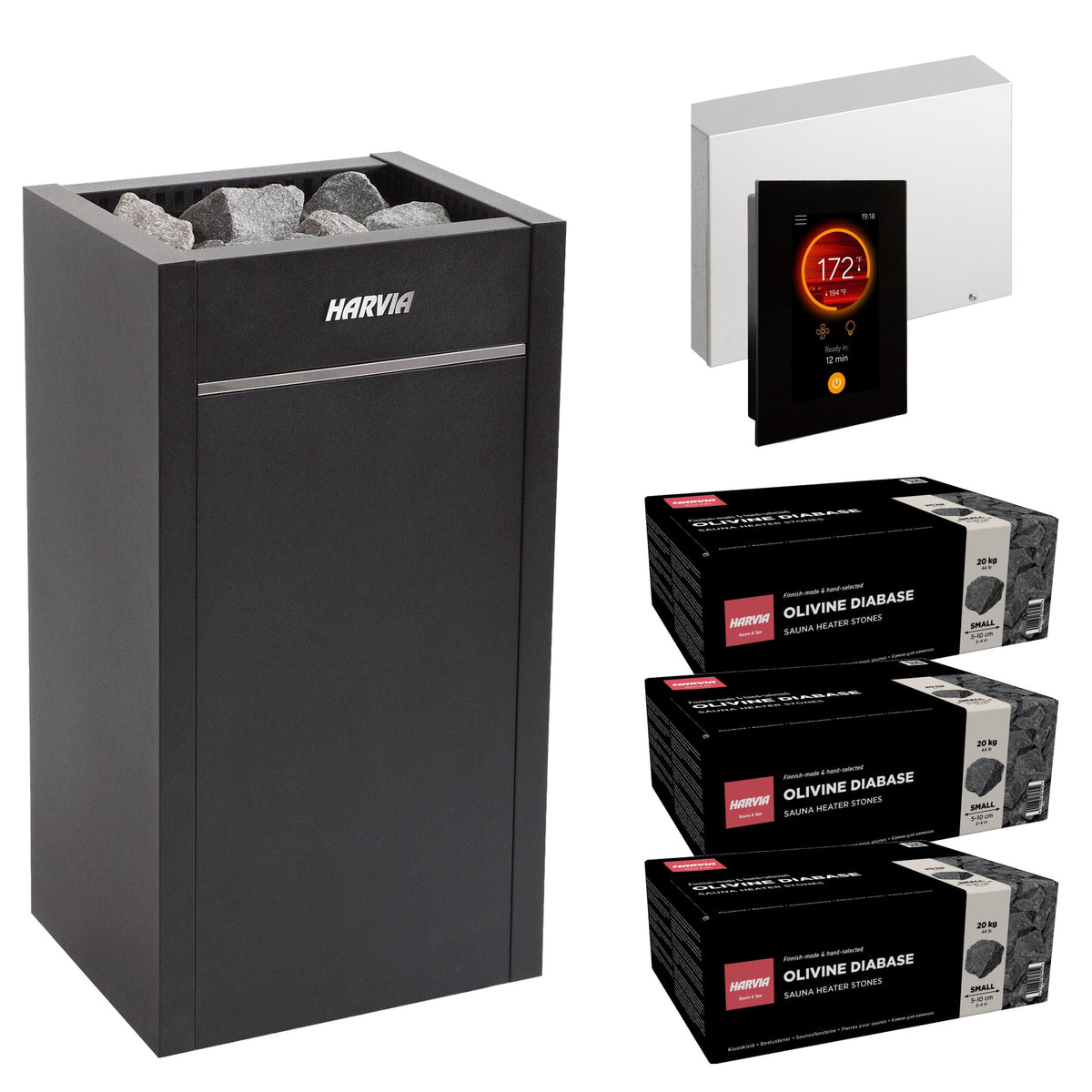 Harvia Virta HL80E sauna heater package with Fenix FX45 control: the HL80E heater, Fenix FX45 control panel and power unit, and three boxes of AC3000 stones