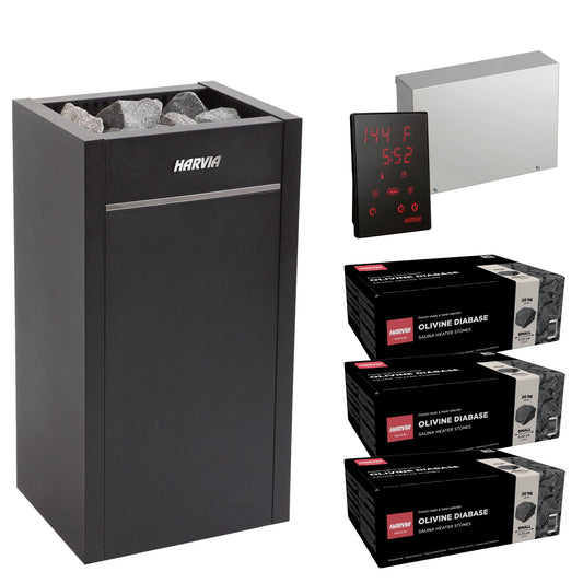 Harvia Virta HL80E sauna heater package with Xenio CX45 control: the HL80E heater, Xenio CX45 control panel and power unit, and three boxes of AC3000 stones