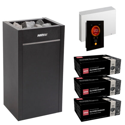 Harvia Virta HL90E sauna heater package with Fenix FX45 control: the HL90E heater, Fenix FX45 control panel and power unit, and three boxes of AC3000 stones