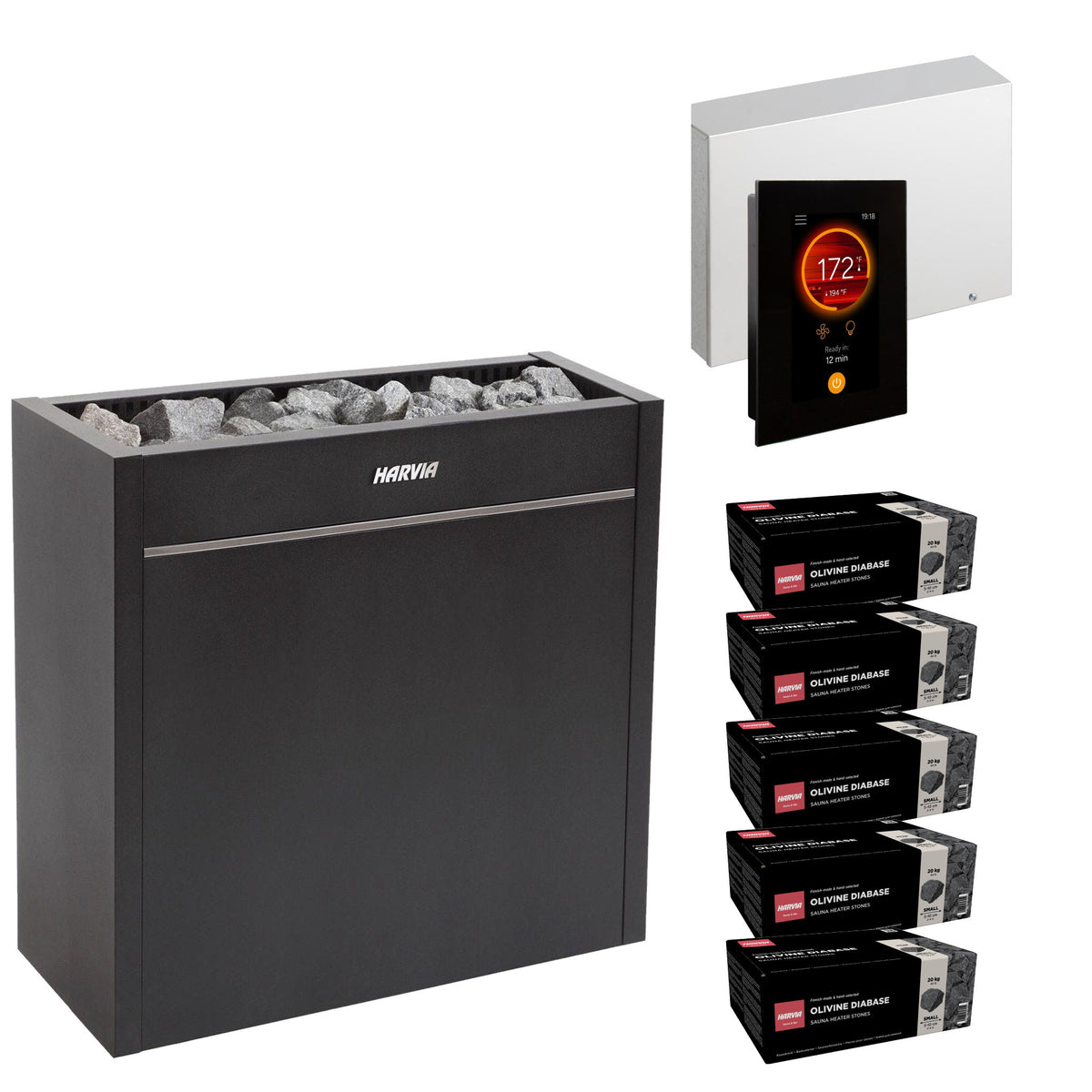 Harvia Virta Pro HL160E sauna heater package with Fenix FX45 control: the HL160E heater, Fenix FX45 control panel and power unit, and five boxes of AC3000 stones