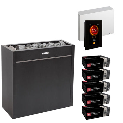 Harvia Virta Pro HL160E sauna heater package with Fenix FX45 control: the HL160E heater, Fenix FX45 control panel and power unit, and five boxes of AC3000 stones