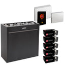 Harvia Virta Pro HL160E sauna heater package with Fenix FX45 control: the HL160E heater, Fenix FX45 control panel and power unit, LTY45 power extension unit, and five boxes of AC3000 stones