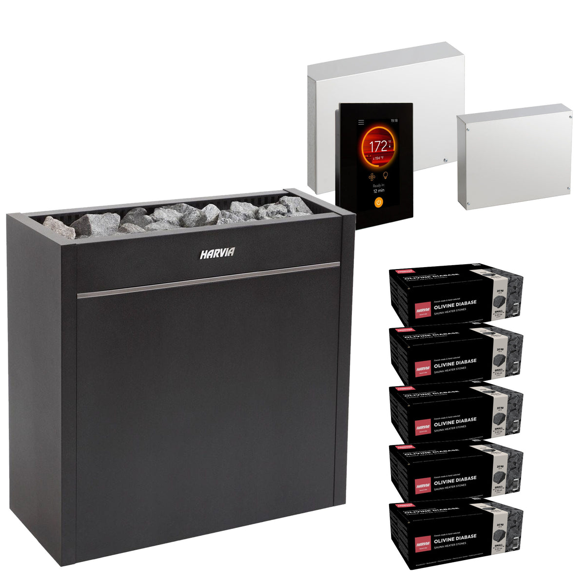 Harvia Virta Pro HL160E sauna heater package with Fenix FX45 control: the HL160E heater, Fenix FX45 control panel and power unit, LTY45 power extension unit, and five boxes of AC3000 stones