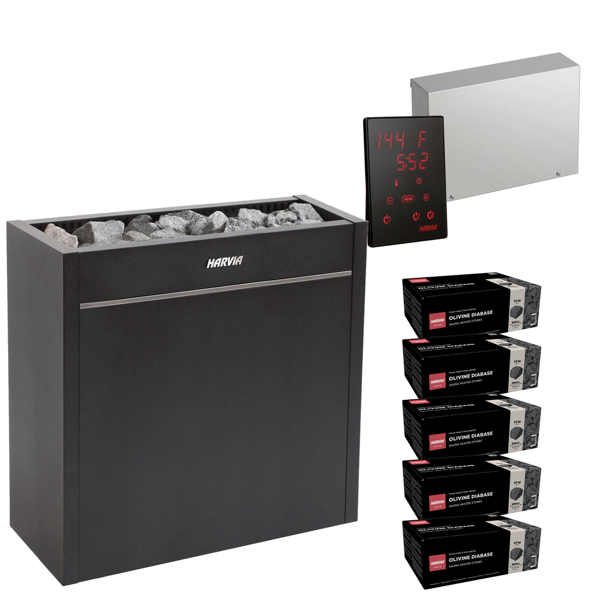 Harvia Virta Pro HL160E sauna heater package with Xenio CX45 control: the HL160E heater, Xenio CX45 control panel and power unit, and five boxes of AC3000 stones