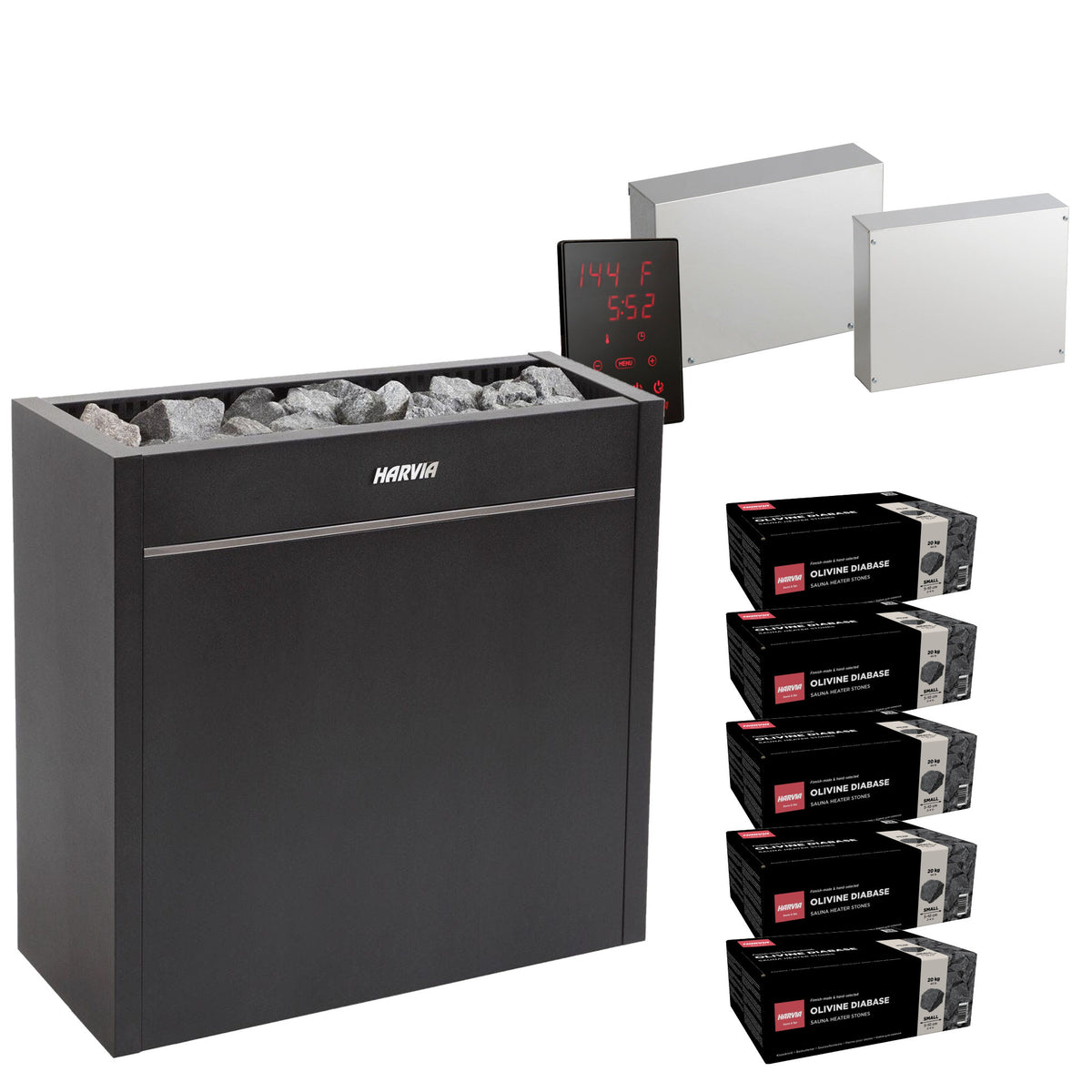 Harvia Virta Pro HL160E sauna heater package with Xenio CX45 control: the HL160E heater, Xenio CX45 control panel and power unit, LTY45 power extension unit, and five boxes of AC3000 stones