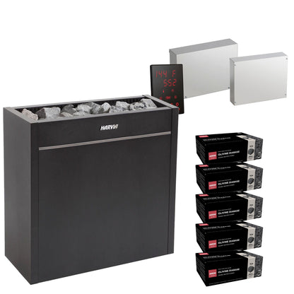 Harvia Virta Pro HL160E sauna heater package with Xenio CX45 control: the HL160E heater, Xenio CX45 control panel and power unit, LTY45 power extension unit, and five boxes of AC3000 stones